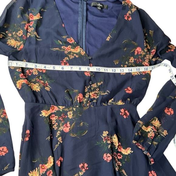 LULUS Floral Print Midi Dress Long Sheer Sleeves Zip Back Size Small Navy Blue - Picture 6 of 12